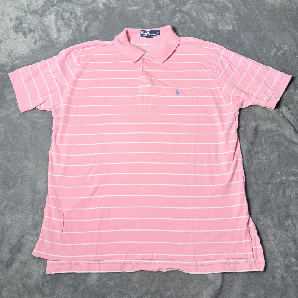 Polo Ralph Lauren Mens XL Pink White Striped Short Sleeve Cotton Pique Polo